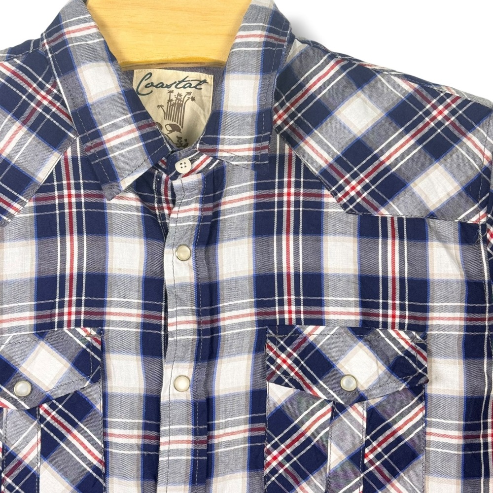 Coastal Western Plaid Pearl Snap Button Down Shirt Mens Large Red White Blue